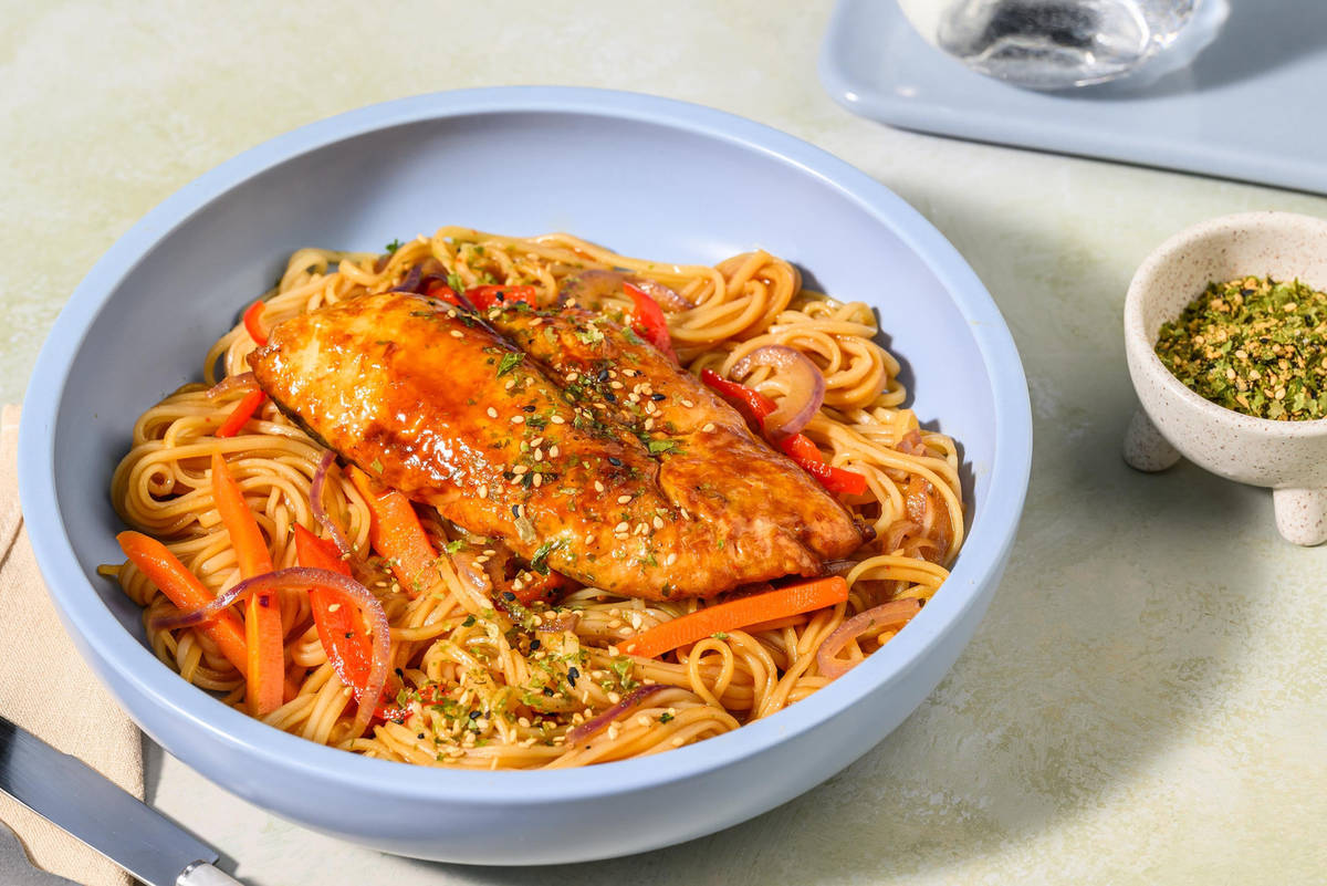 Sweet & Spicy Hake over Rice Noodles