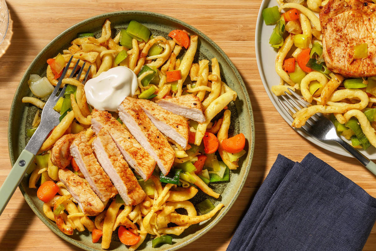 Schweinelachssteak mit karamellisiertem Gemüse