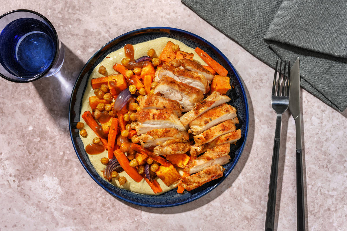 Sticky Chermoula Chicken and Cumin Roasted Root Veg