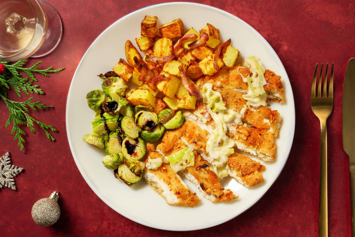 Rosemary Chicken Schnitzel and Bacon Roast Potatoes