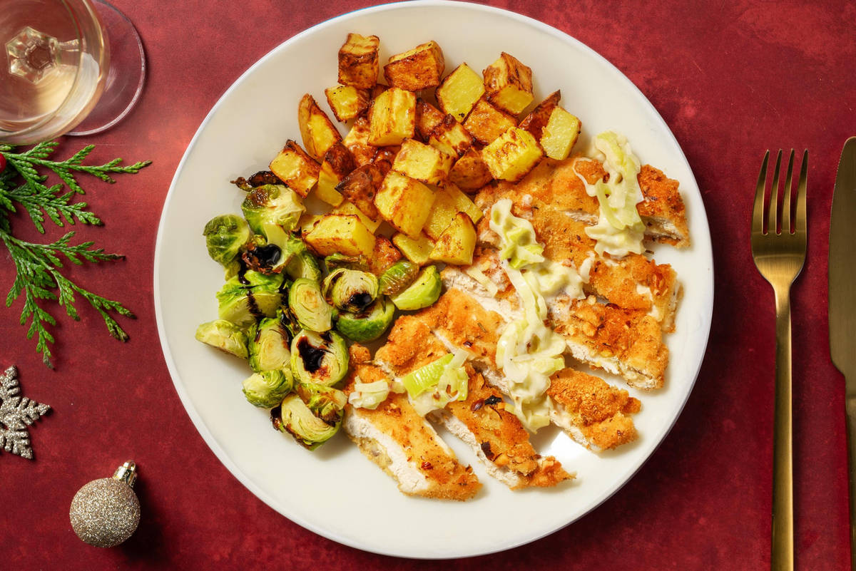 Crispy Rosemary Chicken Schnitzel and Roast Potatoes
