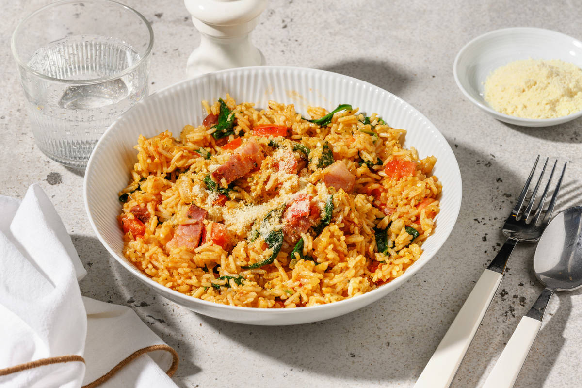 Italian Inspired Bacon and Pesto Pilaf