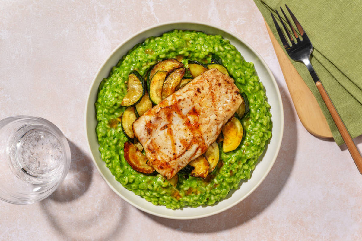 Risotto verde de espinacas con extra de merluza