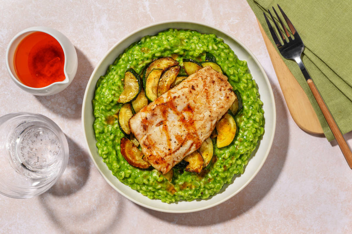 Orzo verde de espinacas con merluza