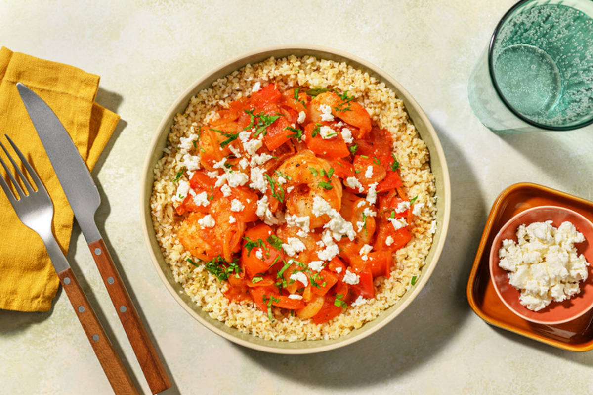 Gamberi saganaki e bulgur