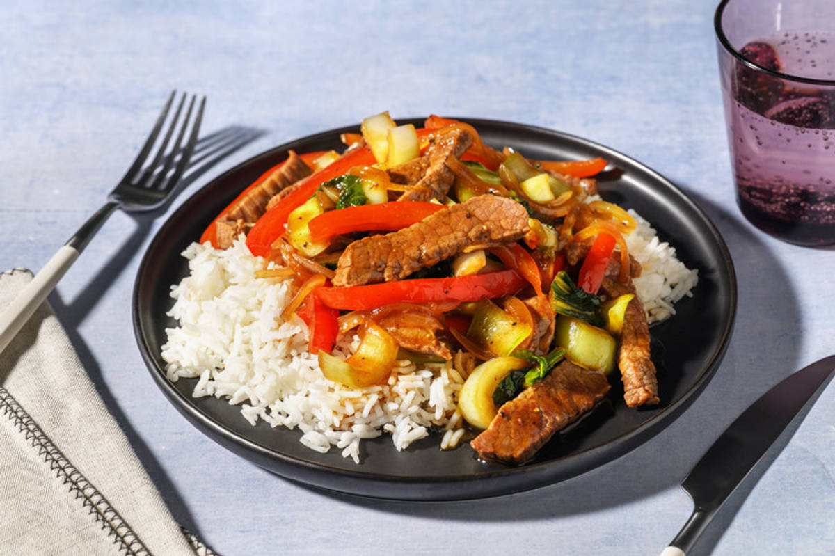 Extra de ternera teriyaki con verduritas salteadas