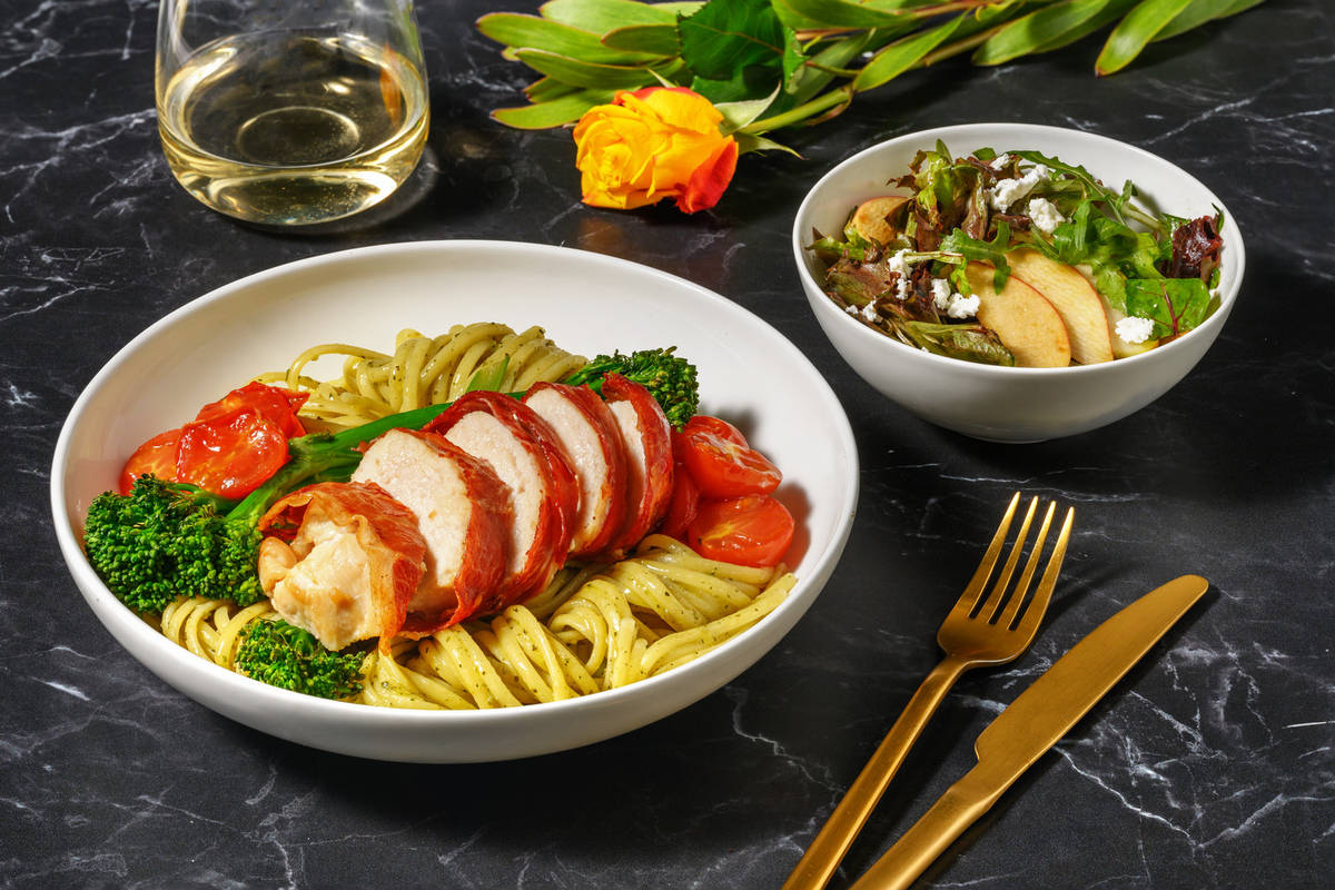 Serrano Ham Wrapped Chicken Breast on Pesto Linguine