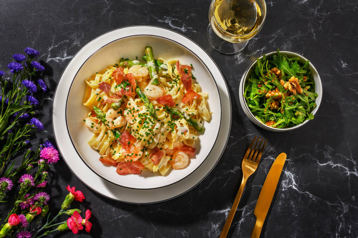 Creamy King Prawn, Asparagus and Serrano Ham Tagliatelle 