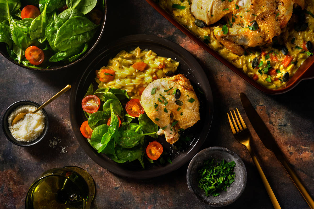 One pot roasted chicken and leek on creamy pesto orzo 