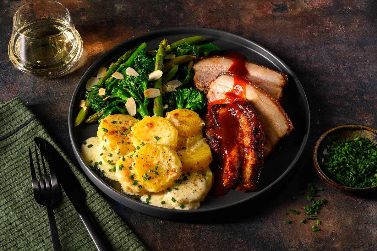 Sticky Mustard Pork Belly and Red Wine Jus