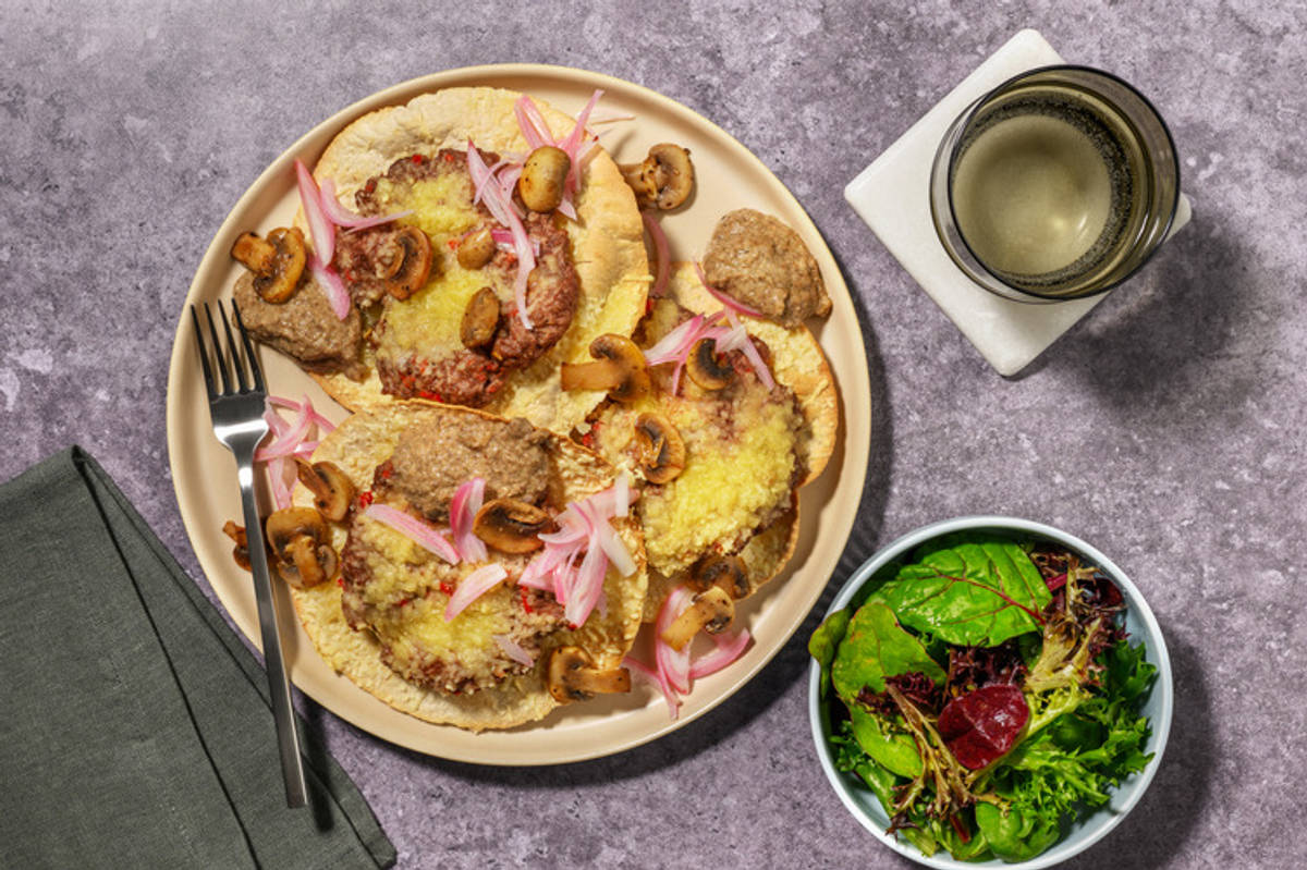 Smash tacos con queso y paté de champiñones