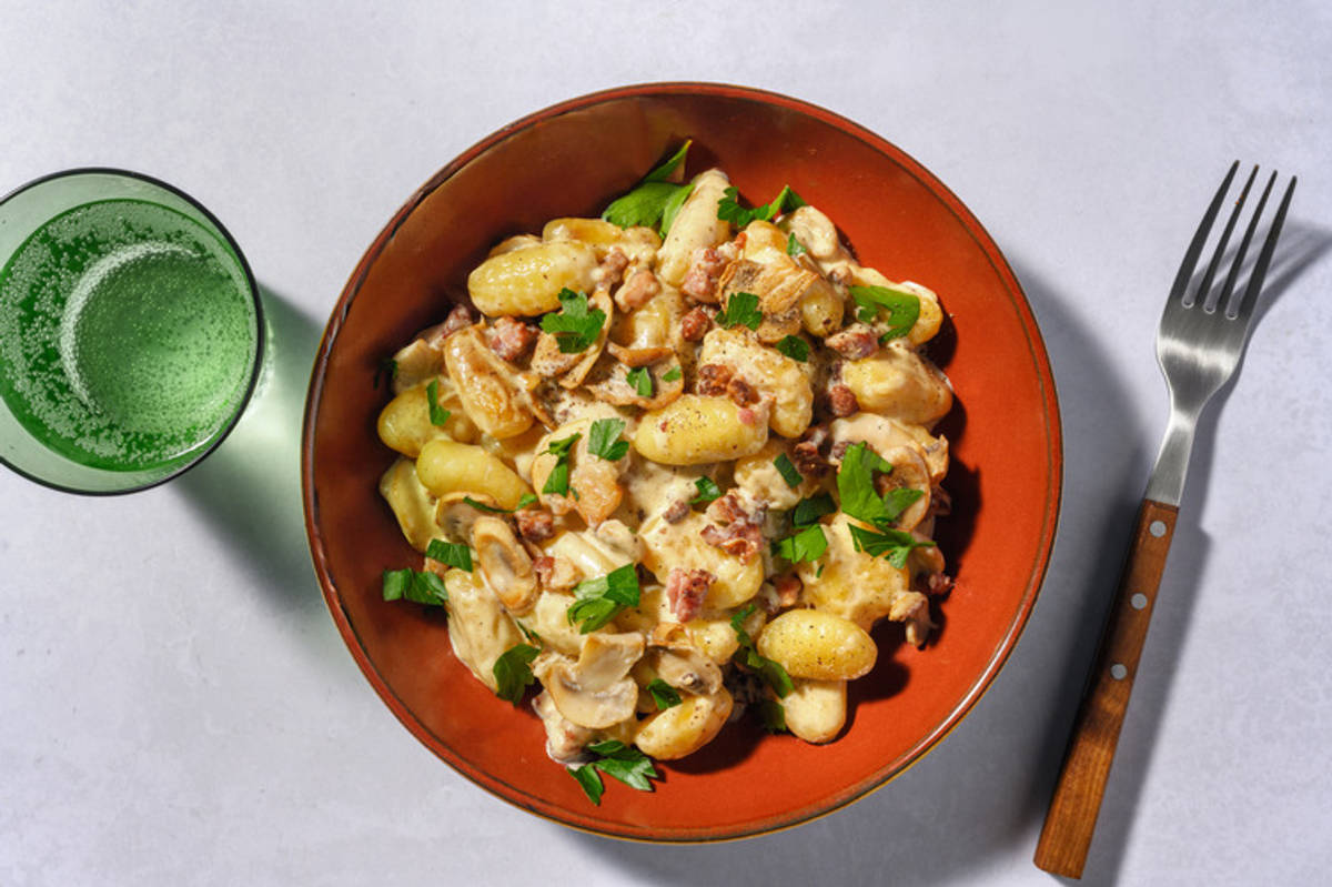 Crispy Mushroom and Bacon Gnocchi with Chicken