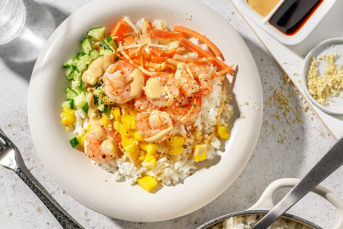 Pokébowl met garnalen en ponzumayonaise