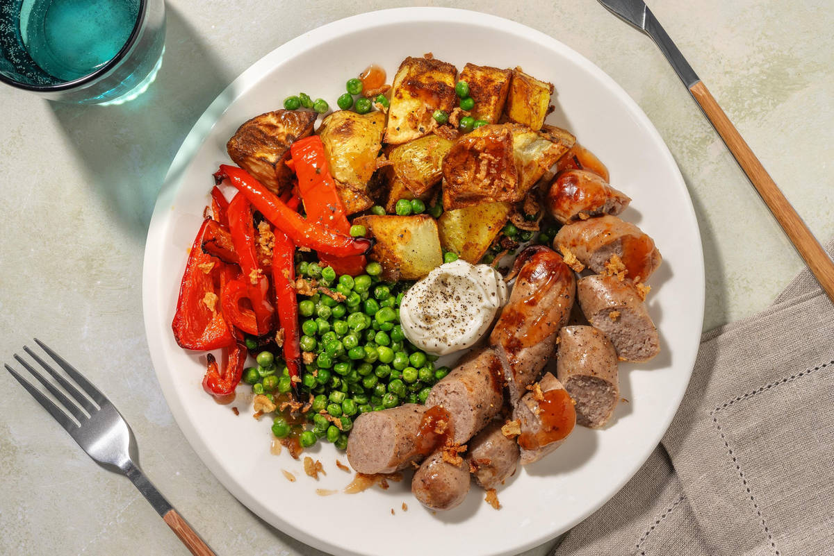 Curried Roasted Veg and Double Sausage Traybake