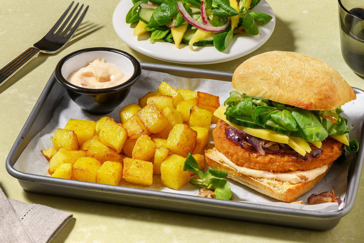 Burger végé façon poulet, mangue et mayo au piment doux