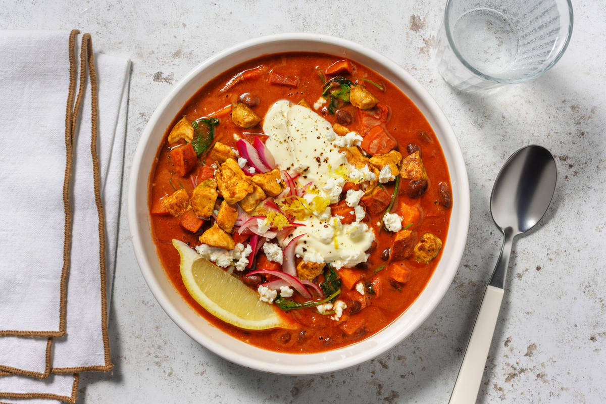 Chermoula Spiced Chicken, Chorizo and Black Bean Soup