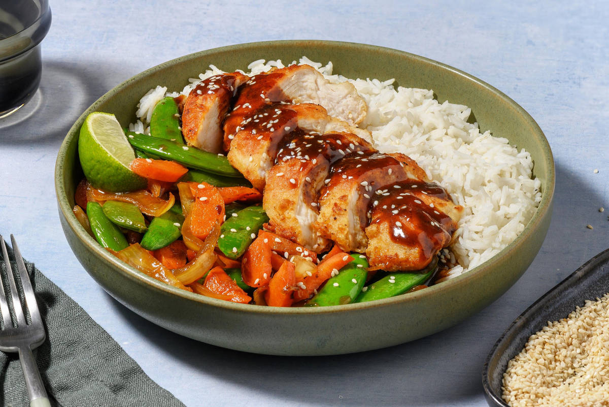 Poulet laqué au sésame et sauté de légumes