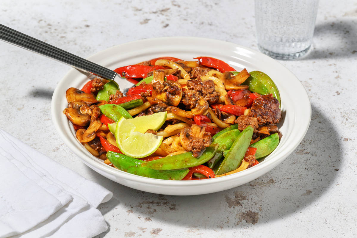 One Pan Hoisin Lamb Udon Noodle Stir-Fry