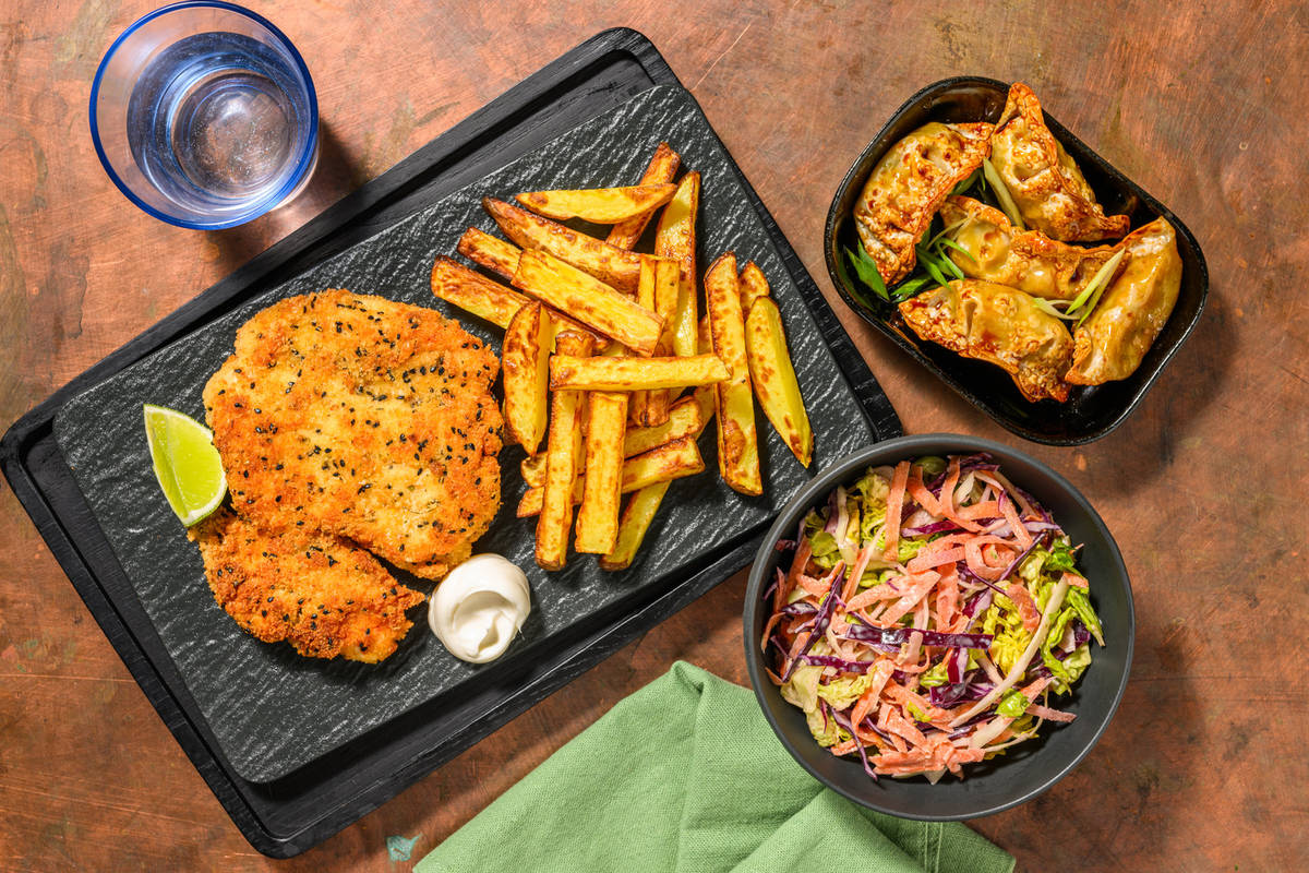 Sesame Fried Chicken and Teriyaki Gyozas