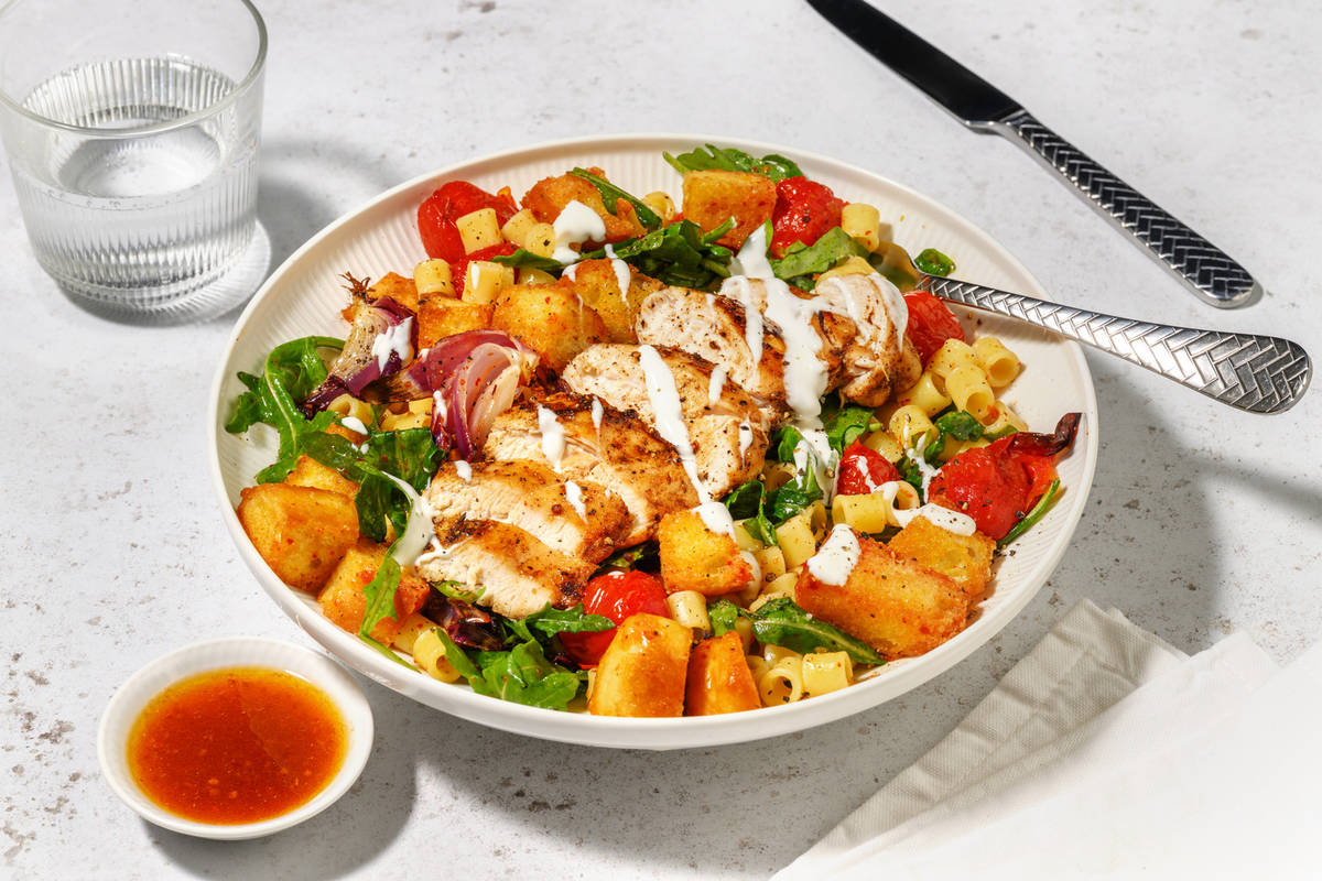 Chermoula Double Chicken and Warm Panzanella Pasta Salad