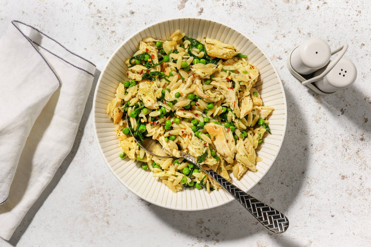 Pesto Pulled Chicken and Bacon Orzo