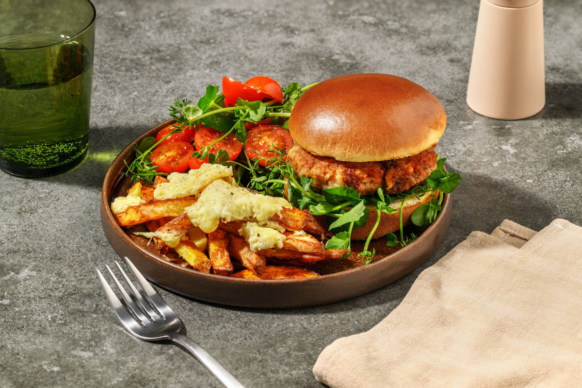 Super Cheesy Welsh Rarebit Inspired Lamb Burger and Chips
