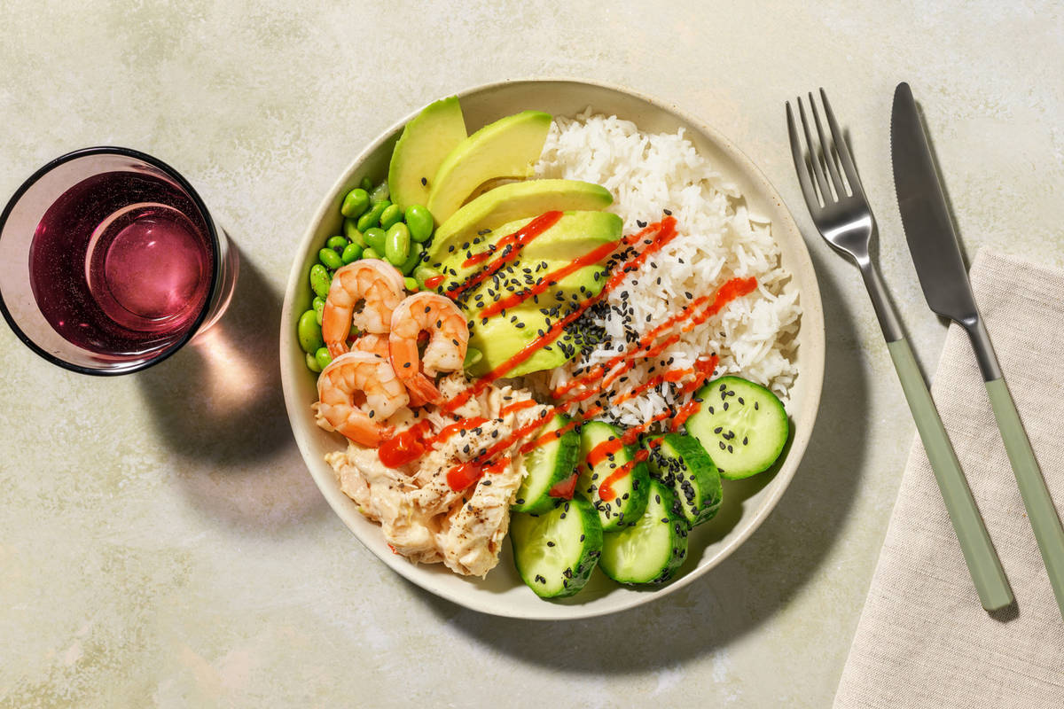 Prawn, Tuna, Avocado and Edamame Bowl