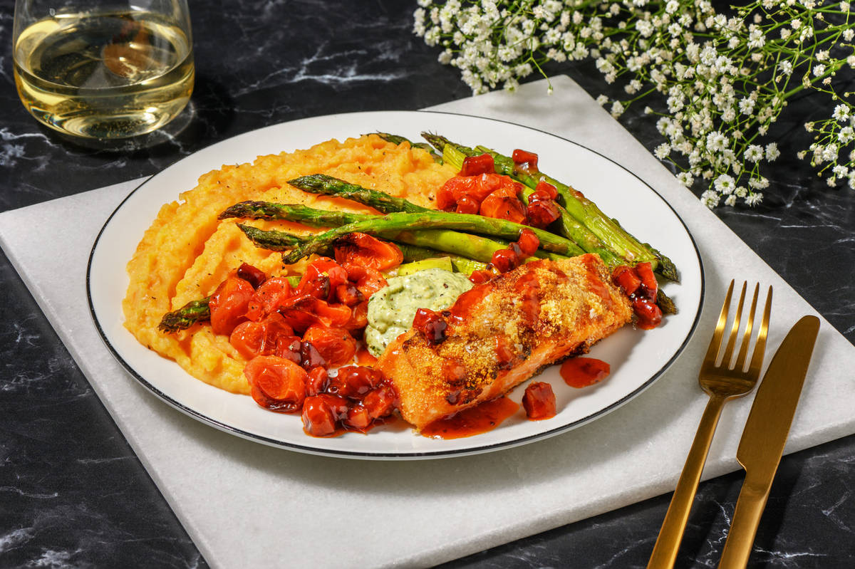 Sun-Dried Tomato Crumbed Salmon and Chorizo Jam