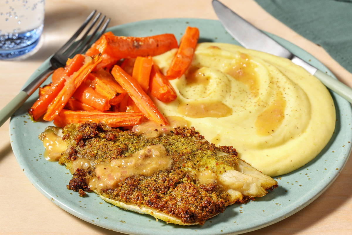 Pesto Crusted Sea Bass and Garlic Butter Sauce