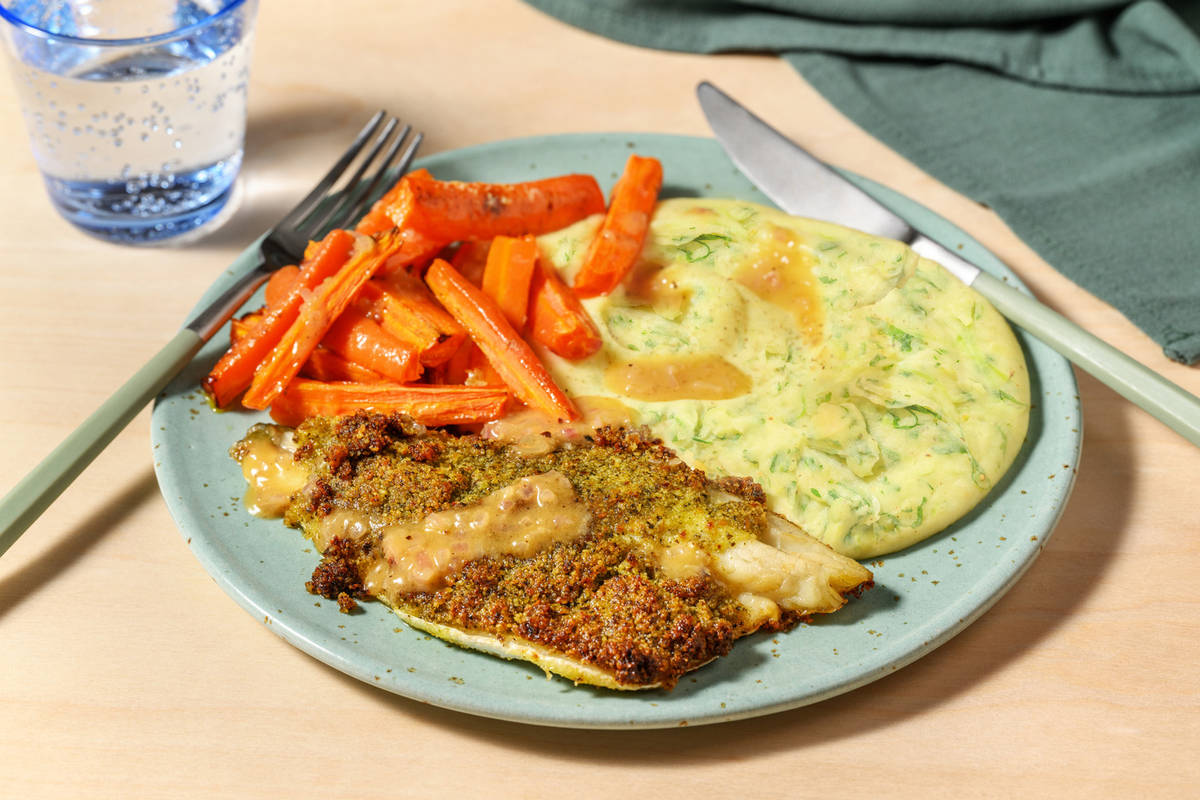 Pesto Crusted Cod and Garlic Butter Sauce