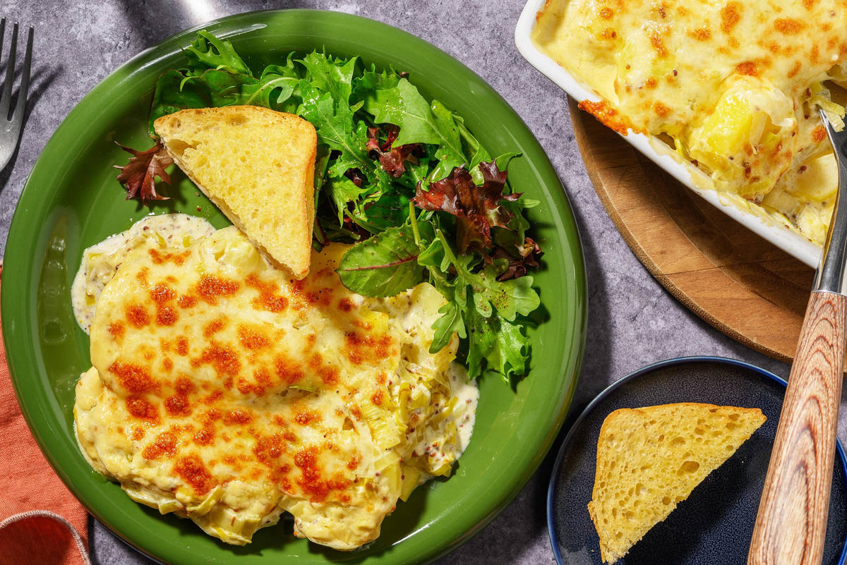 Comforting Bacon, Two Cheese, Leek and Potato Gratin