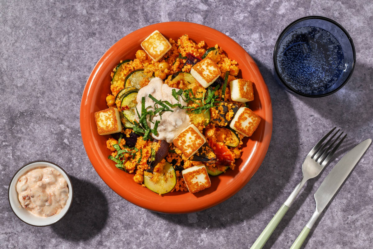 Spicy Roasted Veg, Chickpea and Couscous Halloumi Salad 