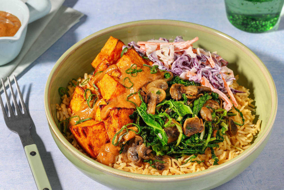 Indonesian Spiced Peanut Sweet Potato Rainbow Bowl