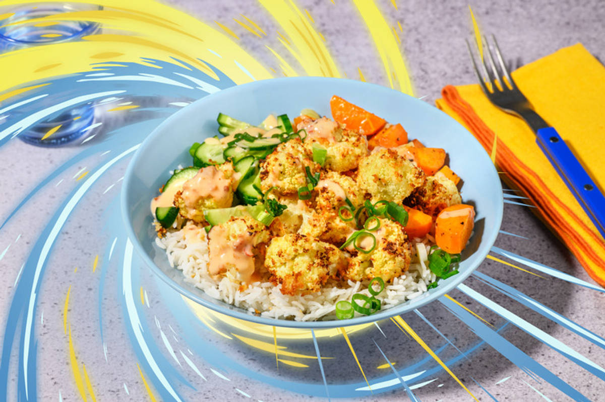 Cauli-Flower Power Bowl with Irish Prawns Inspired by Mega Venusaur