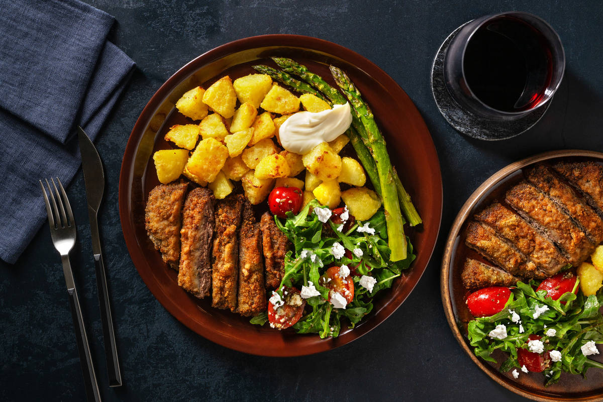 Pesto Crusted Lamb Steak and Roast Potatoes