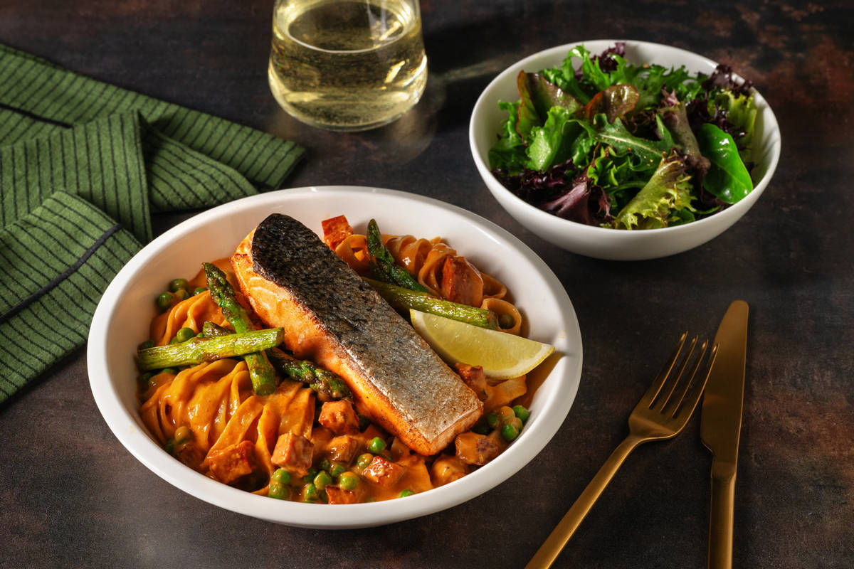 Salmon on Creamy Chorizo Tagliatelle