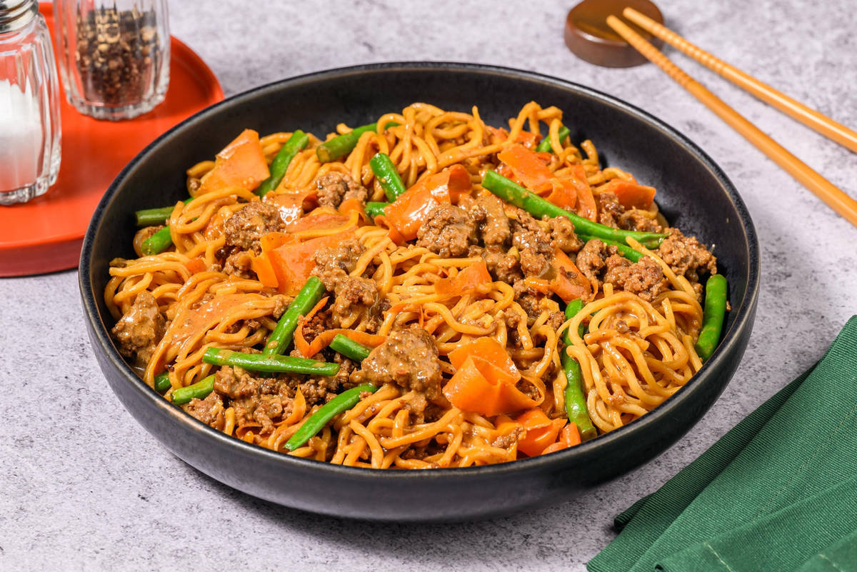 Yellow Thai Style Peanut Beef and Vegetable Gyoza Noodles