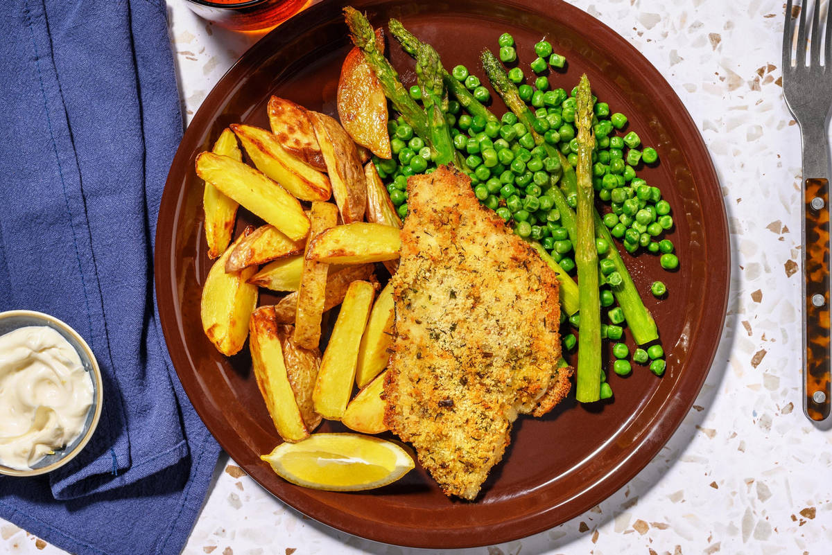 Herby Crusted Basa and Chips