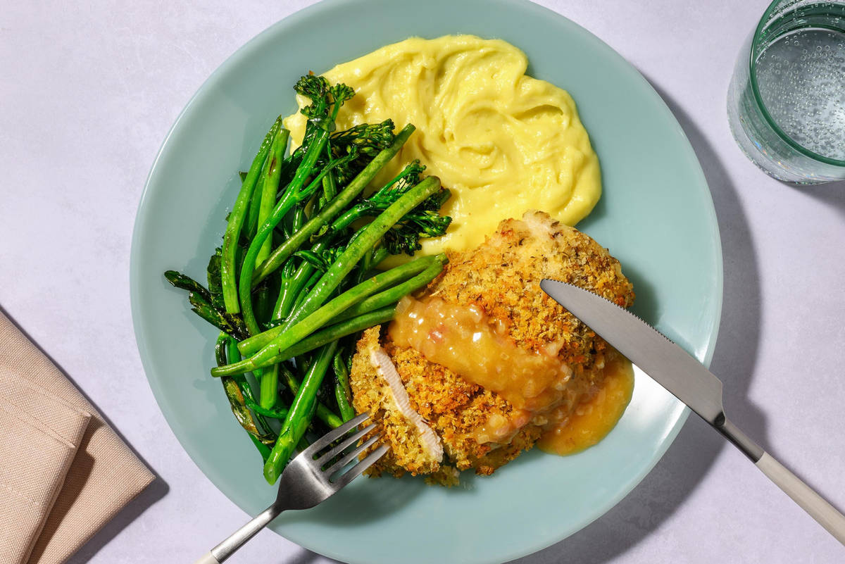 Herby Breaded Chicken Breast and Garlic Butter Sauce