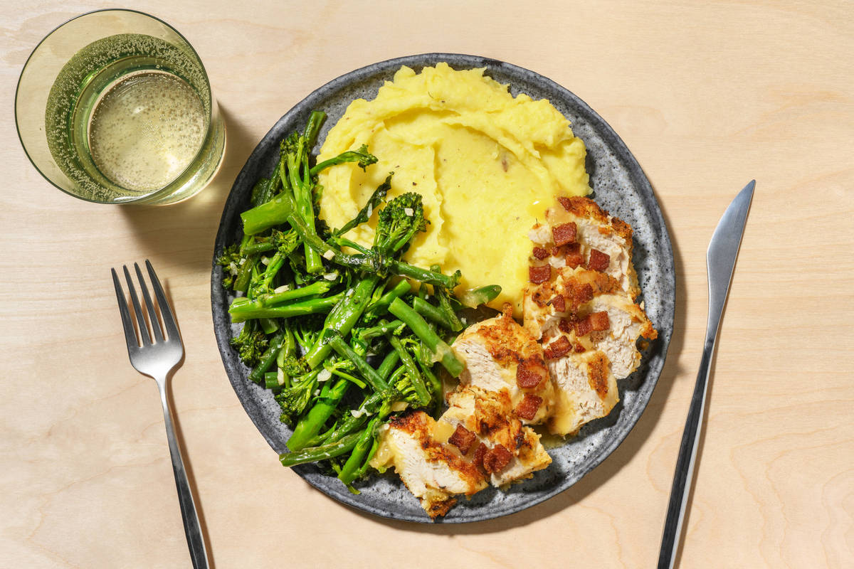 Herby Breaded Chicken Breast and Bacon Garlic Butter Sauce