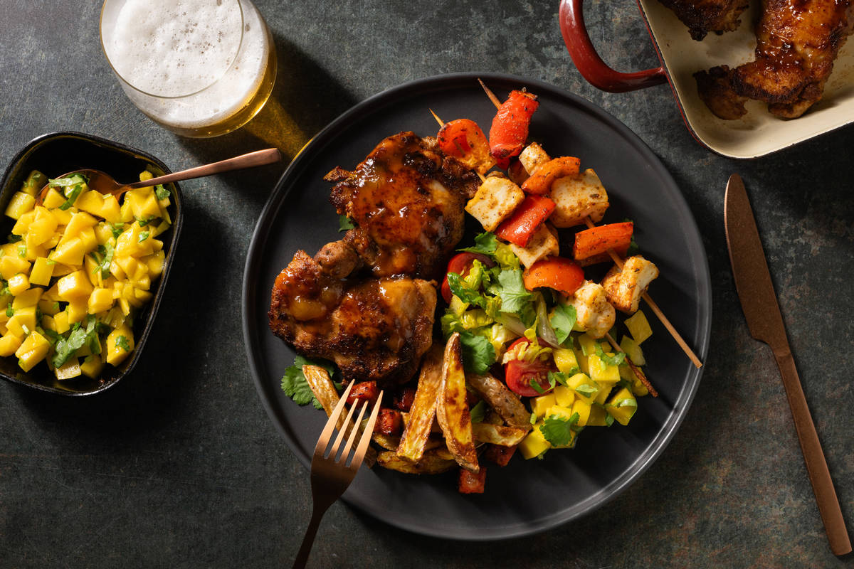 Peri Peri Halloumi Skewers and Sticky Chicken