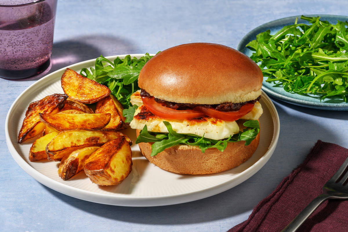 Smoky Harissa Halloumi & Veggie Burger and Wedges