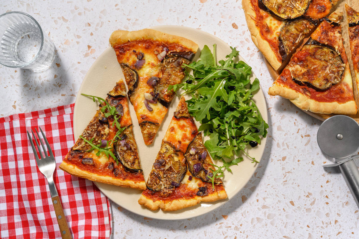 Harissa Aubergine and Caramelised Onion Pizza