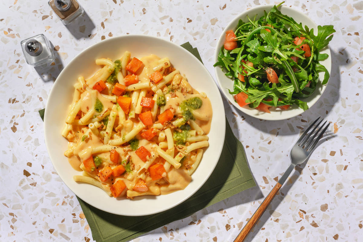 Bacon, Roasted Butternut Bacon and Pesto Mac & Cheese