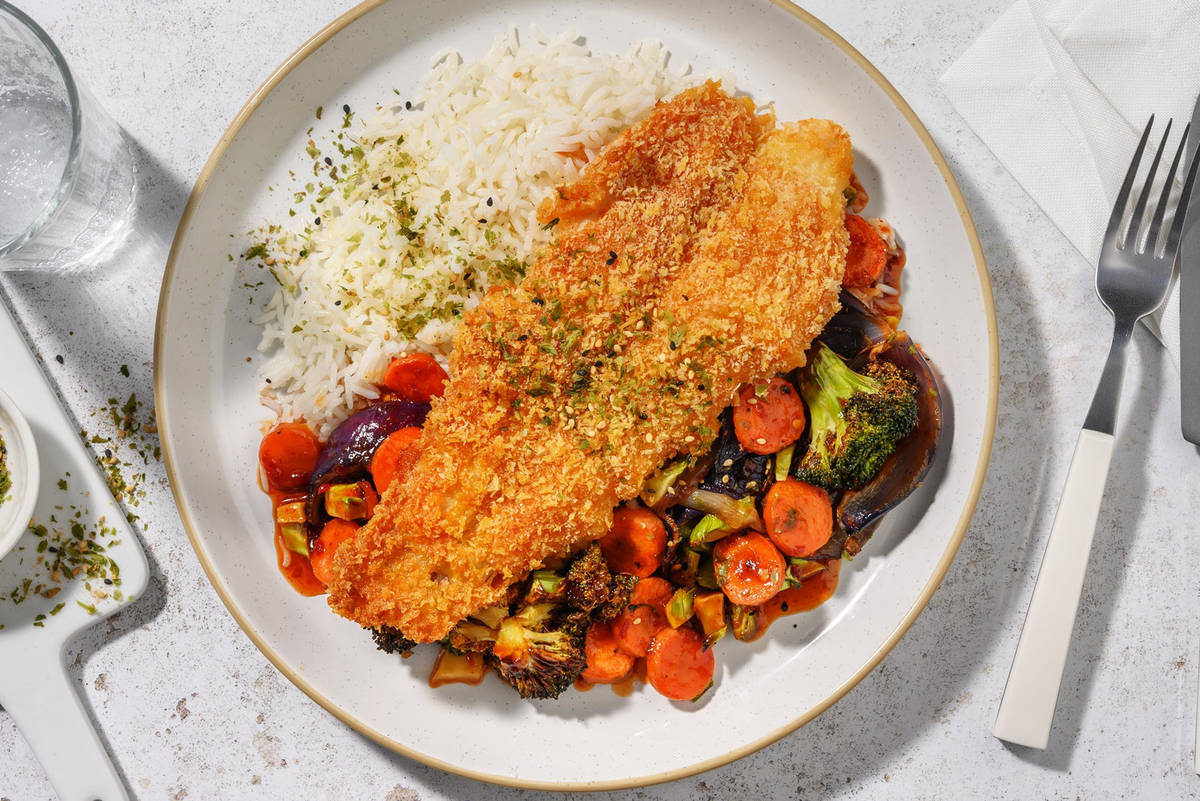 Gepaneerde pangasiusfilet met sticky sojagroenten