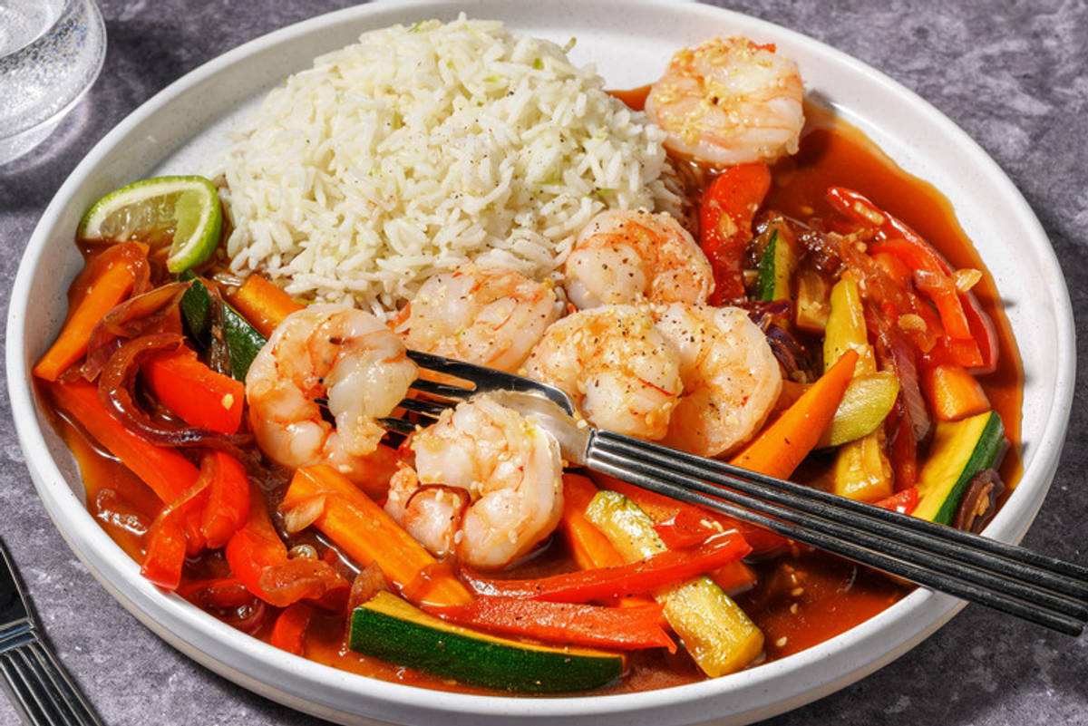 Großgarnelen mit Sesam auf Teriyakigemüse