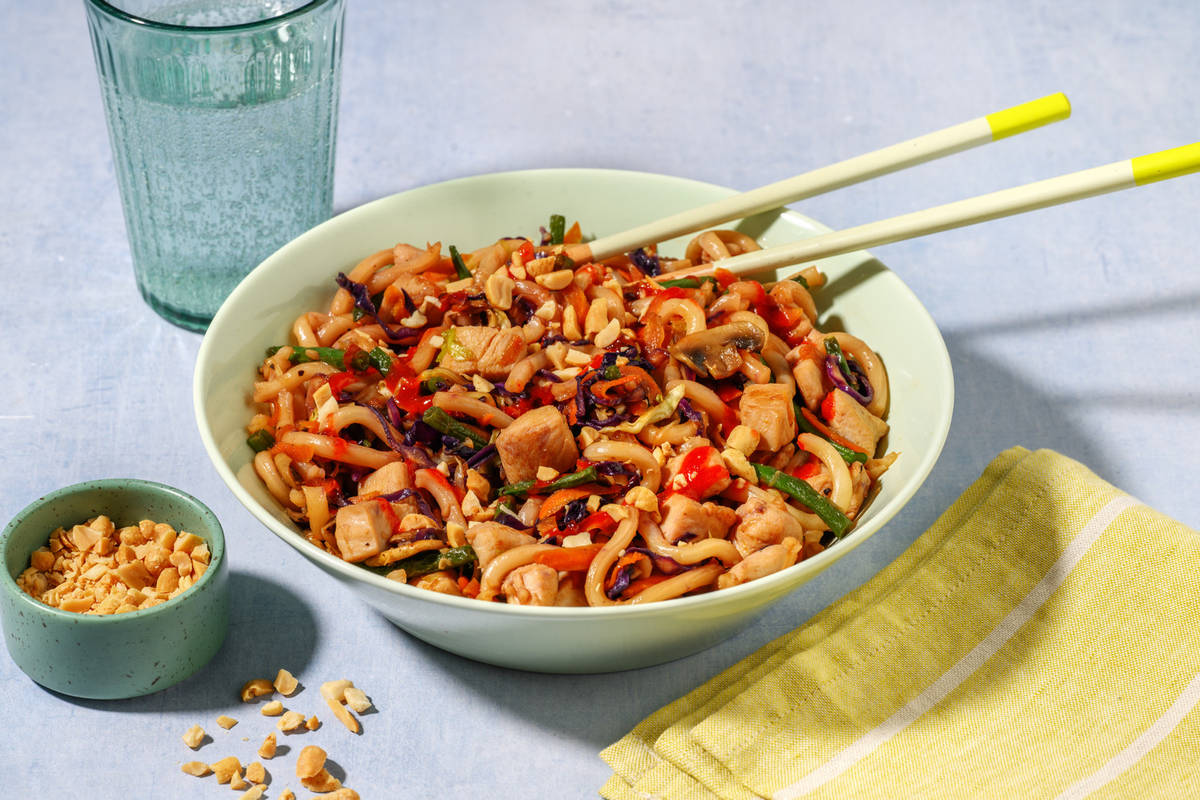 Speedy Hot Sauce One-Pan Chicken Udon Noodles