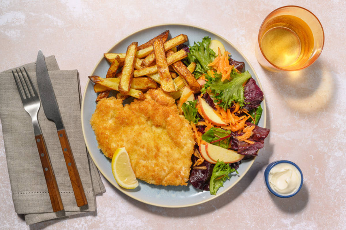 Cheesy Golden Crumbed Chicken Cutlet & Potato Fries