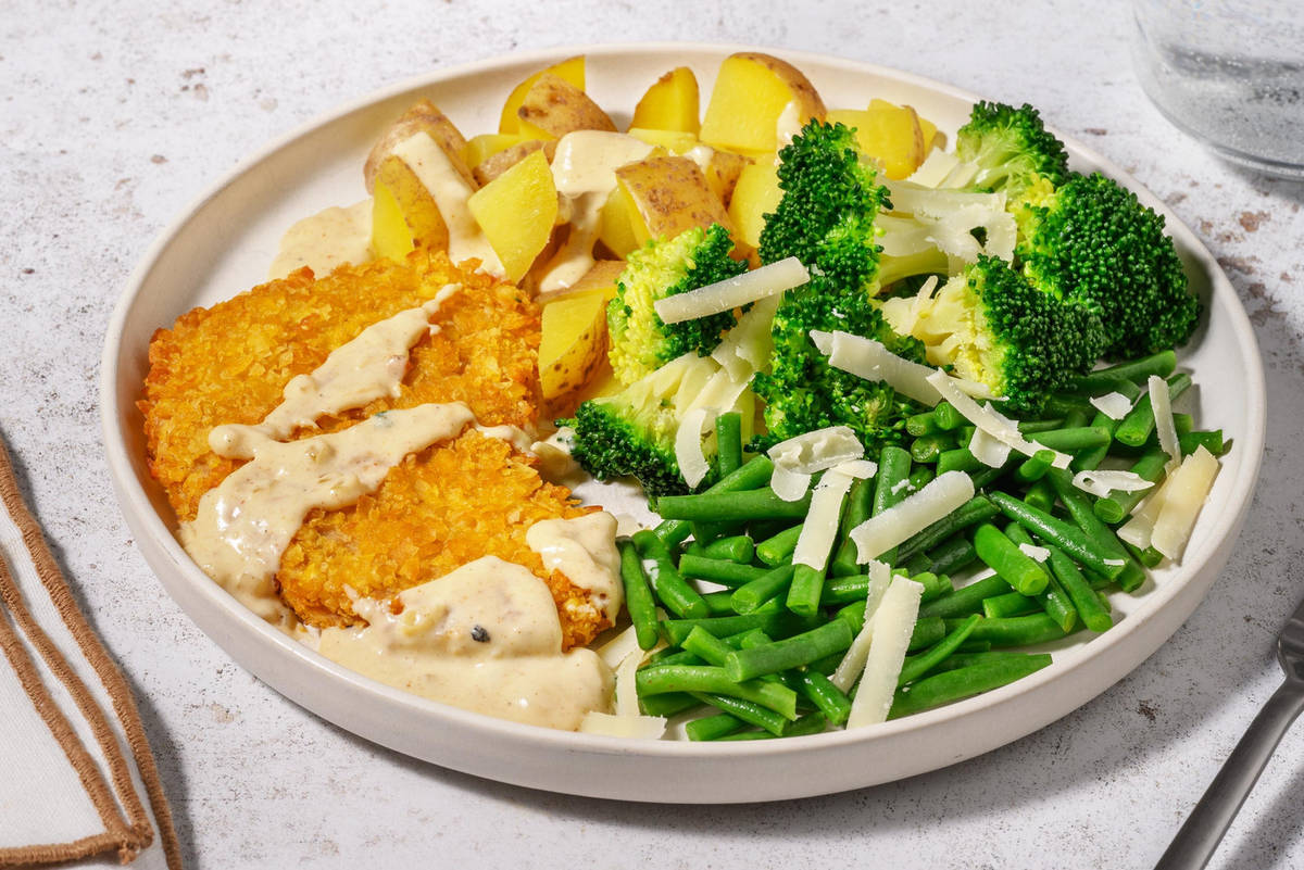 Vegetarische schnitzel met Parmigiano-roomsaus