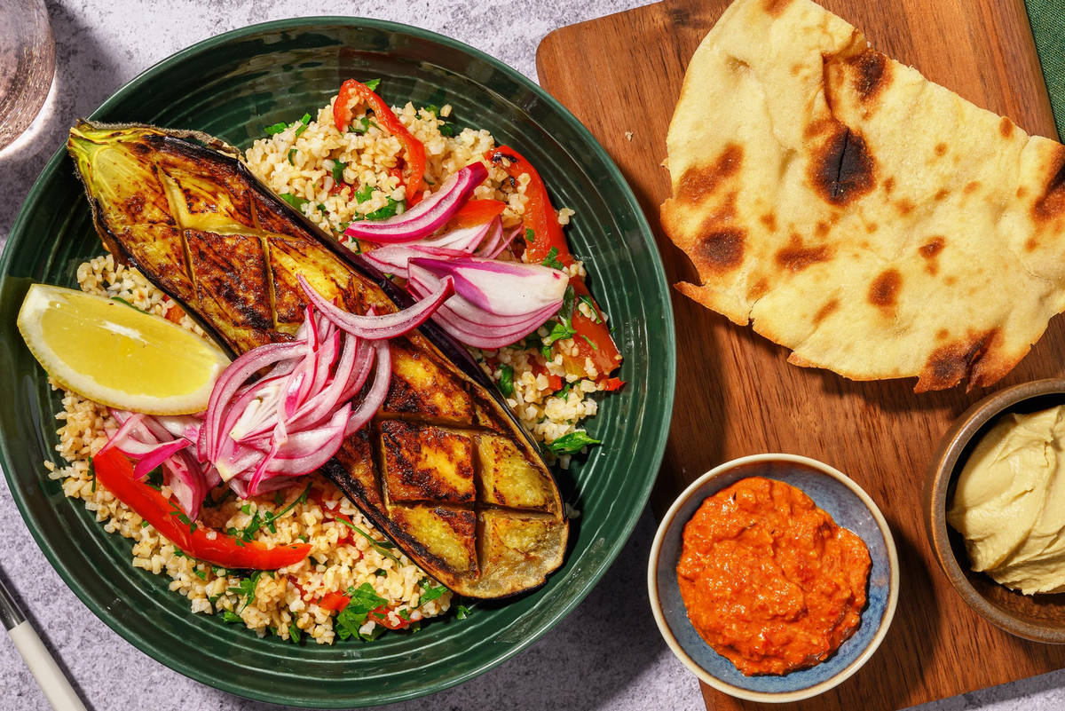 Aubergine met Midden-Oosterse kruiden en bulgur